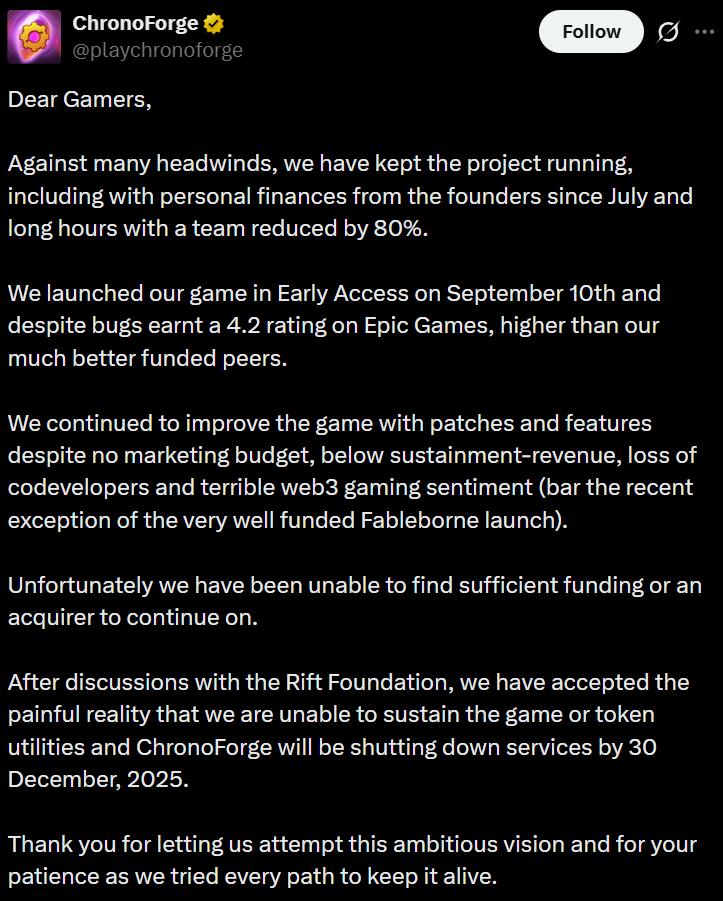 ChronoForge ngừng hoạt động, phản ánh áp lực tài chính trong ngành game Web3