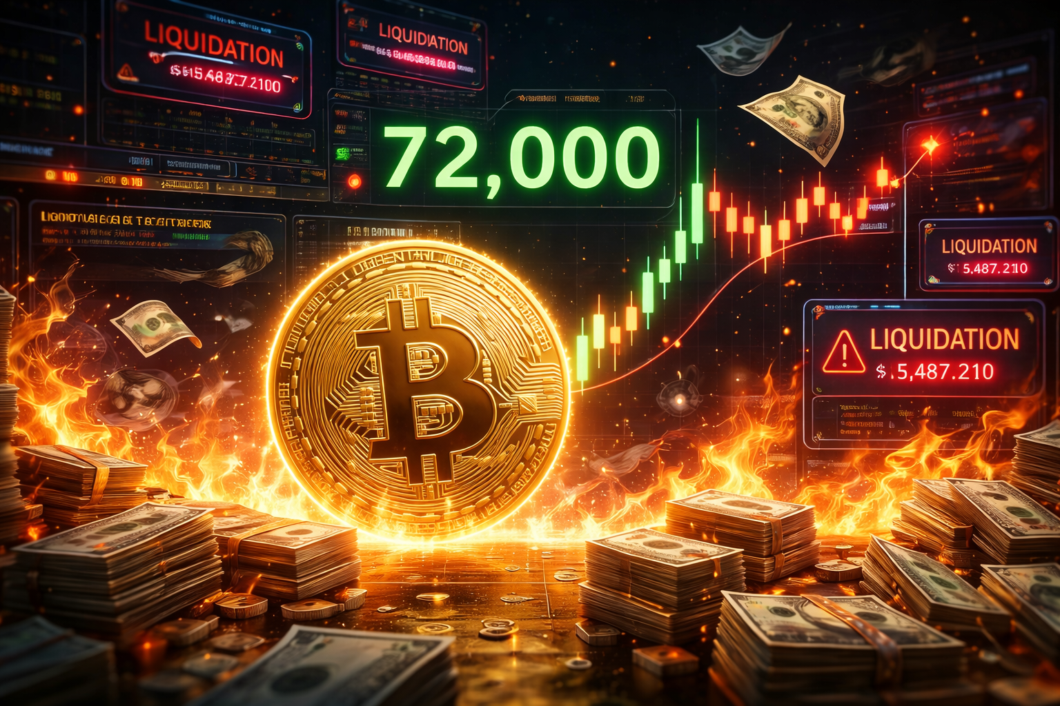 Bitcoin chỉ cần chạm 72.000 USD, 2,5 tỷ USD vị thế bán có thể “bay màu”