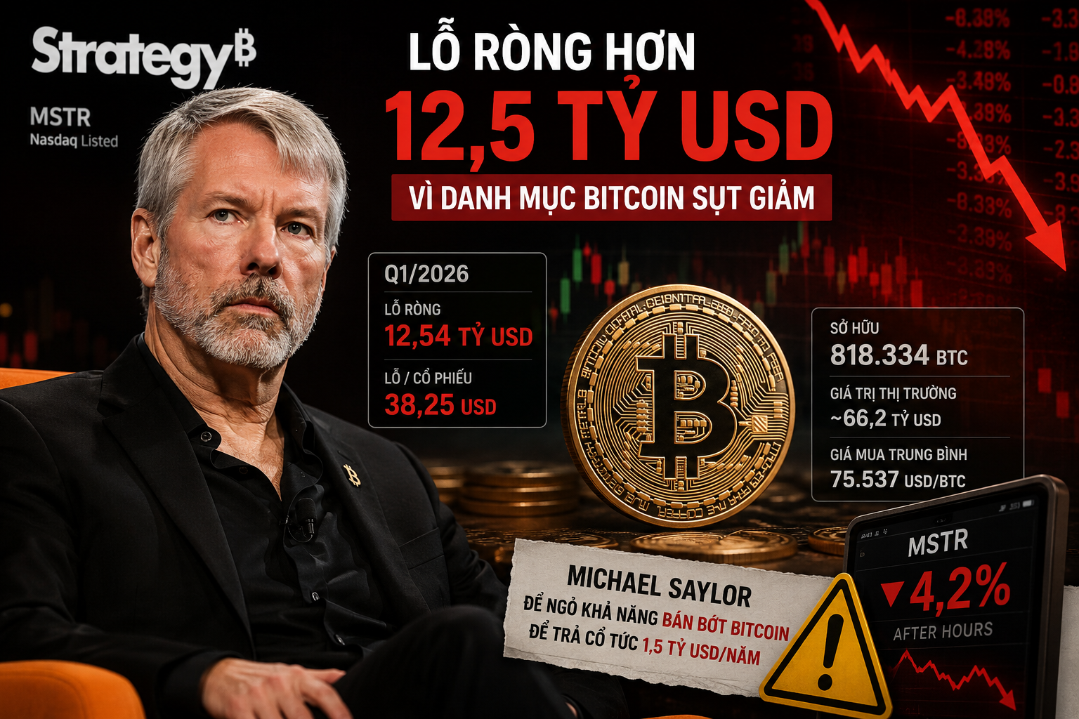 Ông trùm Bitcoin Michael Saylor đối mặt khoản lỗ hơn 12 tỷ USD