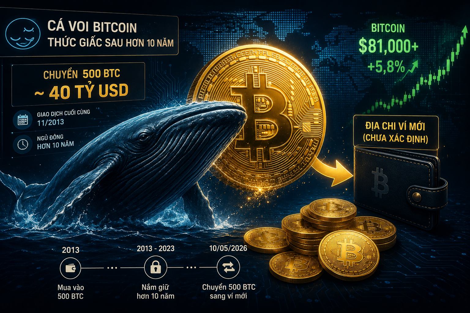 Một “cá voi” Bitcoin bất ngờ hoạt động trở lại sau hơn 10 năm