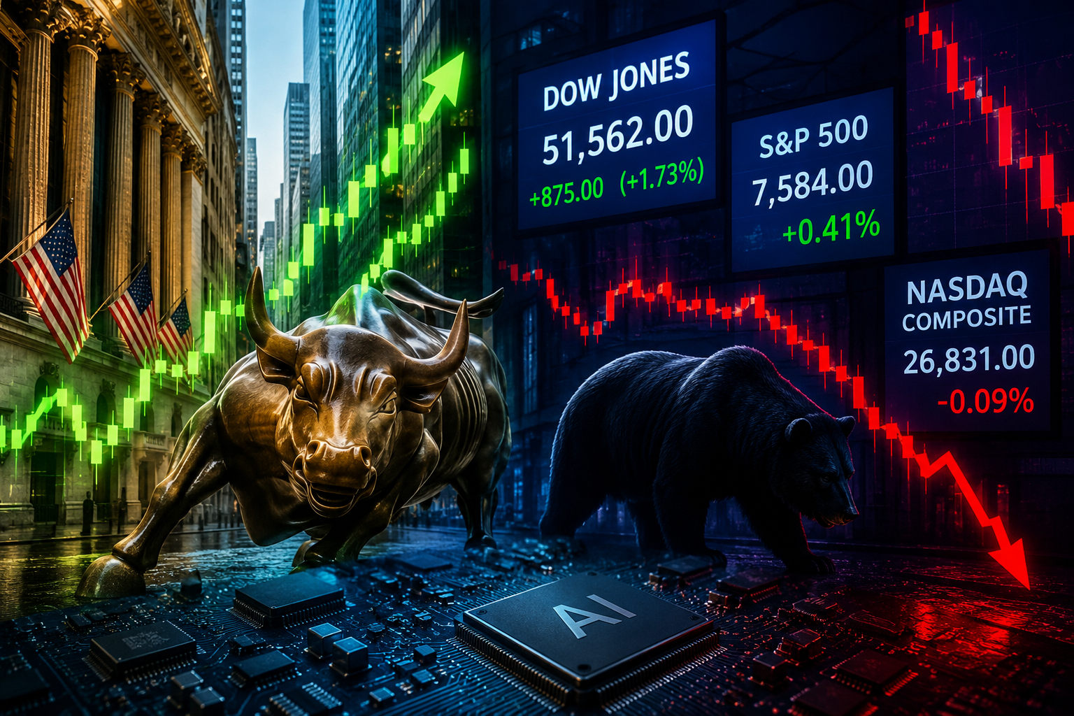 Dòng tiền rời nhóm AI, Dow Jones lập kỷ lục mới còn Nasdaq tiếp tục giảm