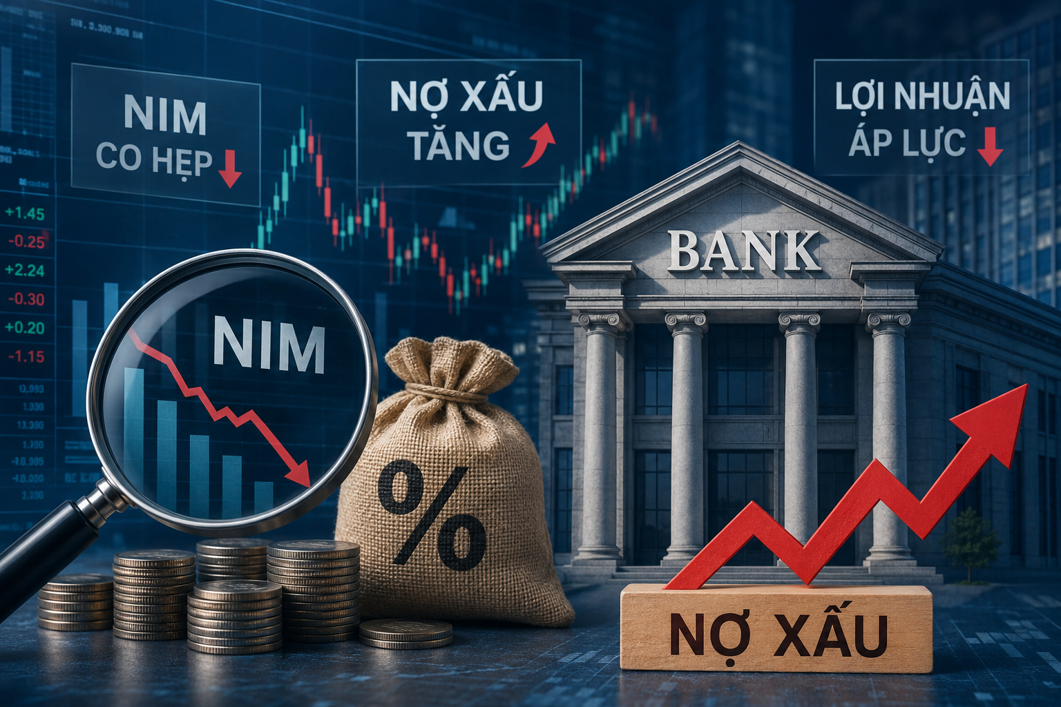Nợ xấu tăng, NIM co hẹp: Cổ phiếu ngân hàng nào còn đáng để xuống tiền?