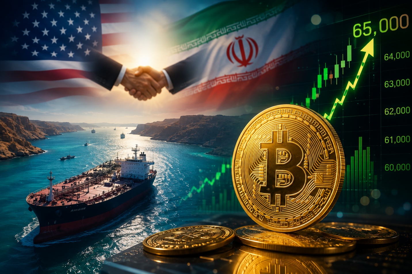Ông Trump tuyên bố eo biển Hormuz sẽ mở cửa trở lại, Bitcoin lập tức áp sát 65.000 USD