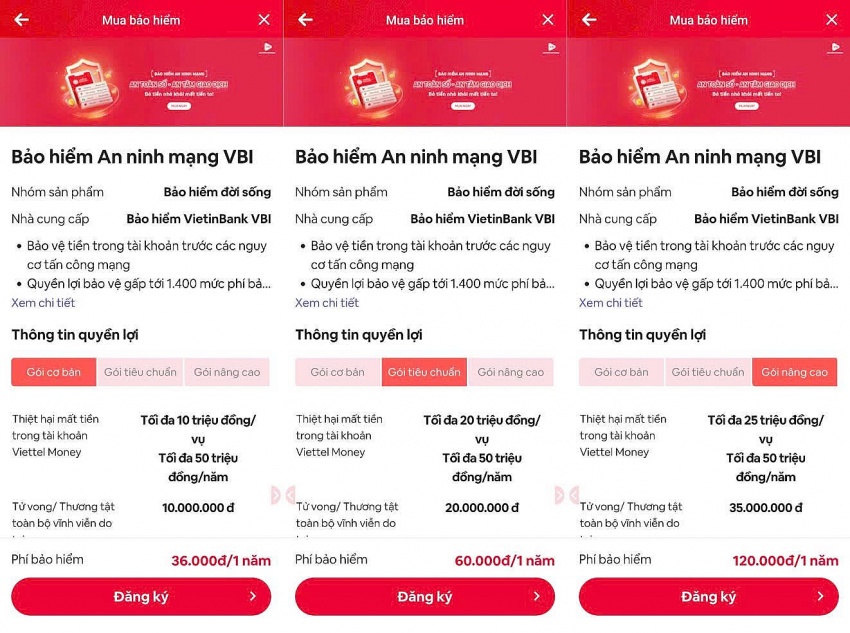 3 gói bảo hiểm an ninh mạng trên ứng dụng Viettel Money phù hợp cho từng nhóm đối tượng khách hàng khác nhau