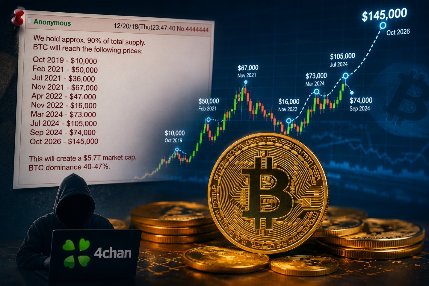 Bitcoin lên 145.000 USD vào tháng 10/2026? Dự đoán từ 4chan gây tranh cãi