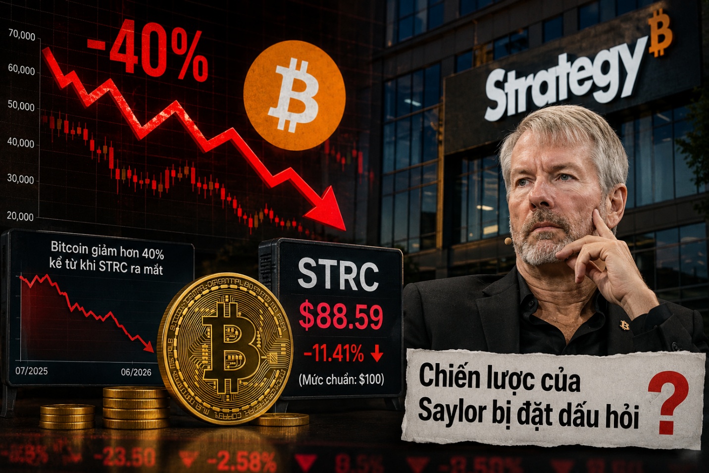 Giá Bitcoin giảm hơn 40% kể từ khi STRC ra mắt, chiến lược của Saylor bị đặt dấu hỏi