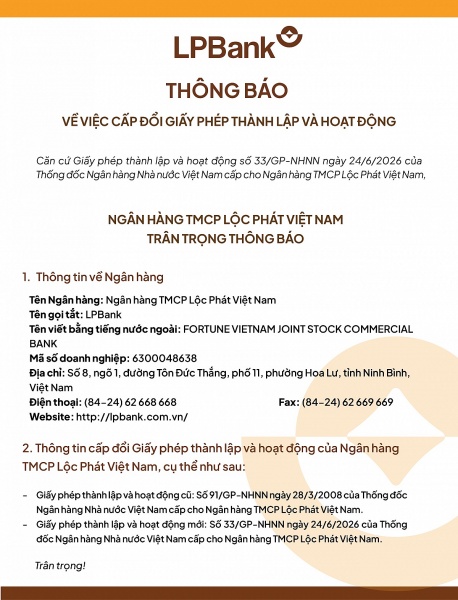 LPBank được cấp đổi Giấy phép thành lập và hoạt động
