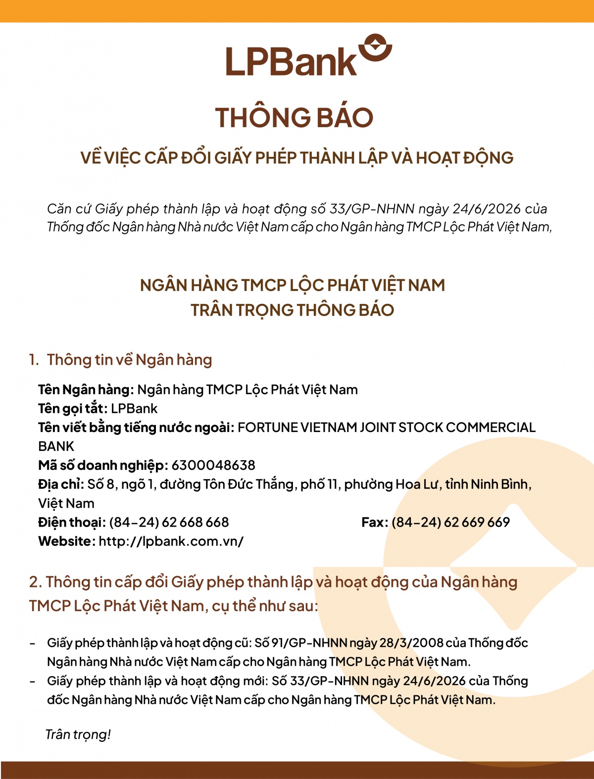 LPBank được cấp đổi Giấy phép thành lập và hoạt động