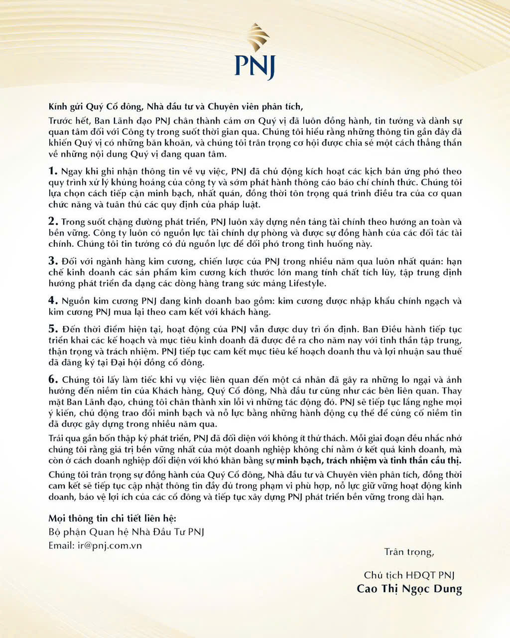 Chủ tịch PNJ Cao Thị Ngọc Dung gửi tâm thư sau vụ buôn lậu kim cương 280 tỷ đồng - Ảnh 1.