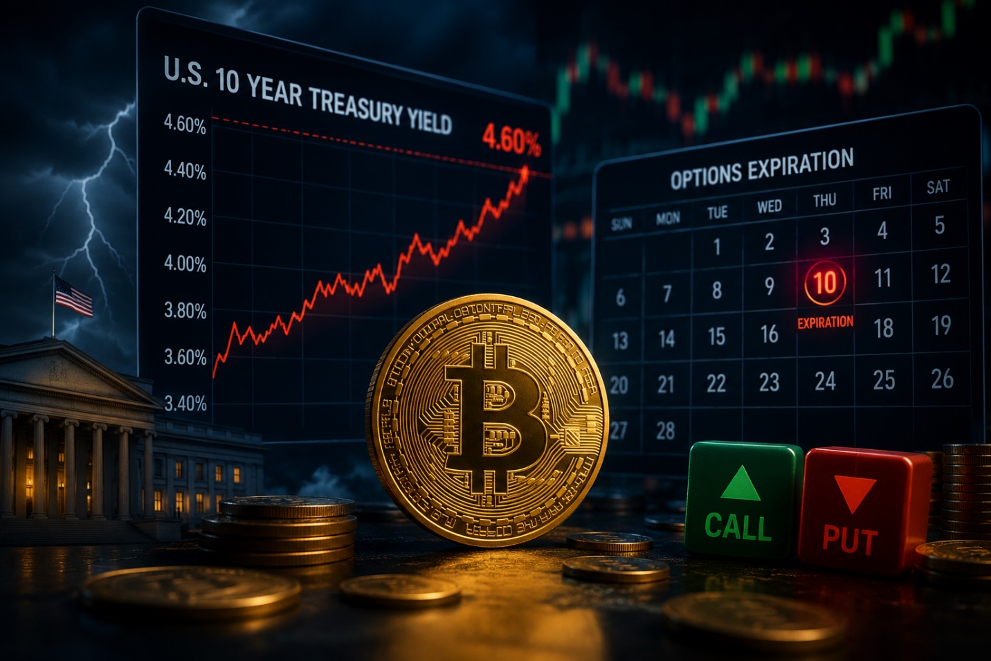 Giá Bitcoin chịu sức ép kép từ lợi suất trái phiếu Mỹ và quyền chọn đáo hạn