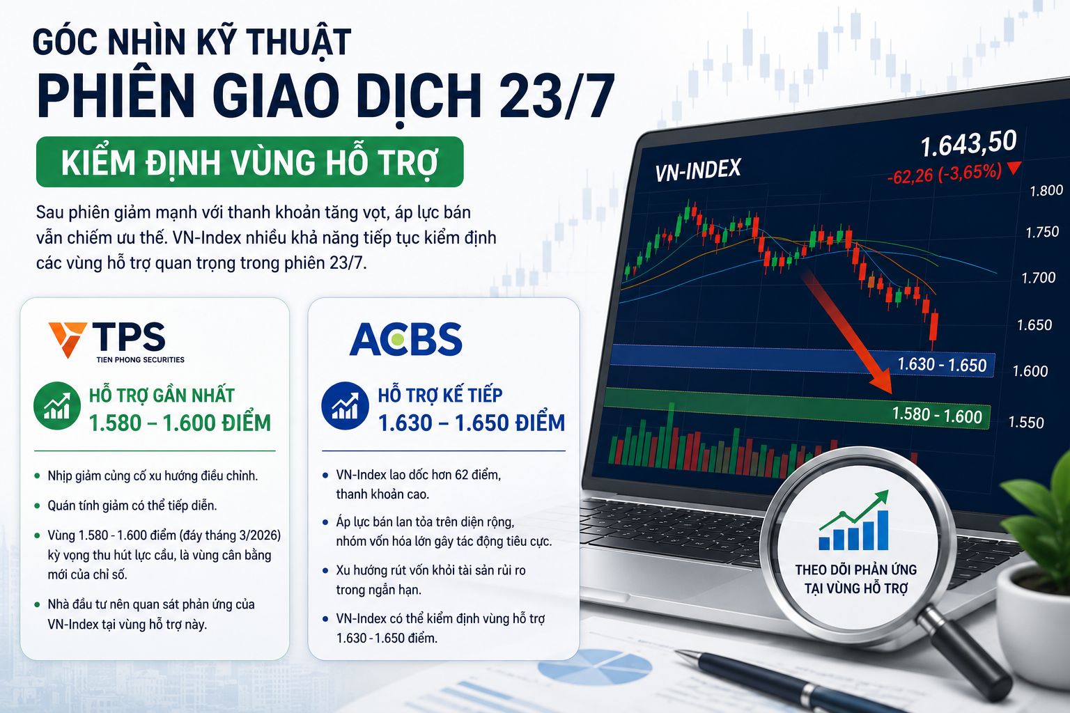 Góc nhìn kỹ thuật thị trường ngày 23/7: Áp lực bán chưa hạ nhiệt, VN-Index hướng về vùng hỗ trợ