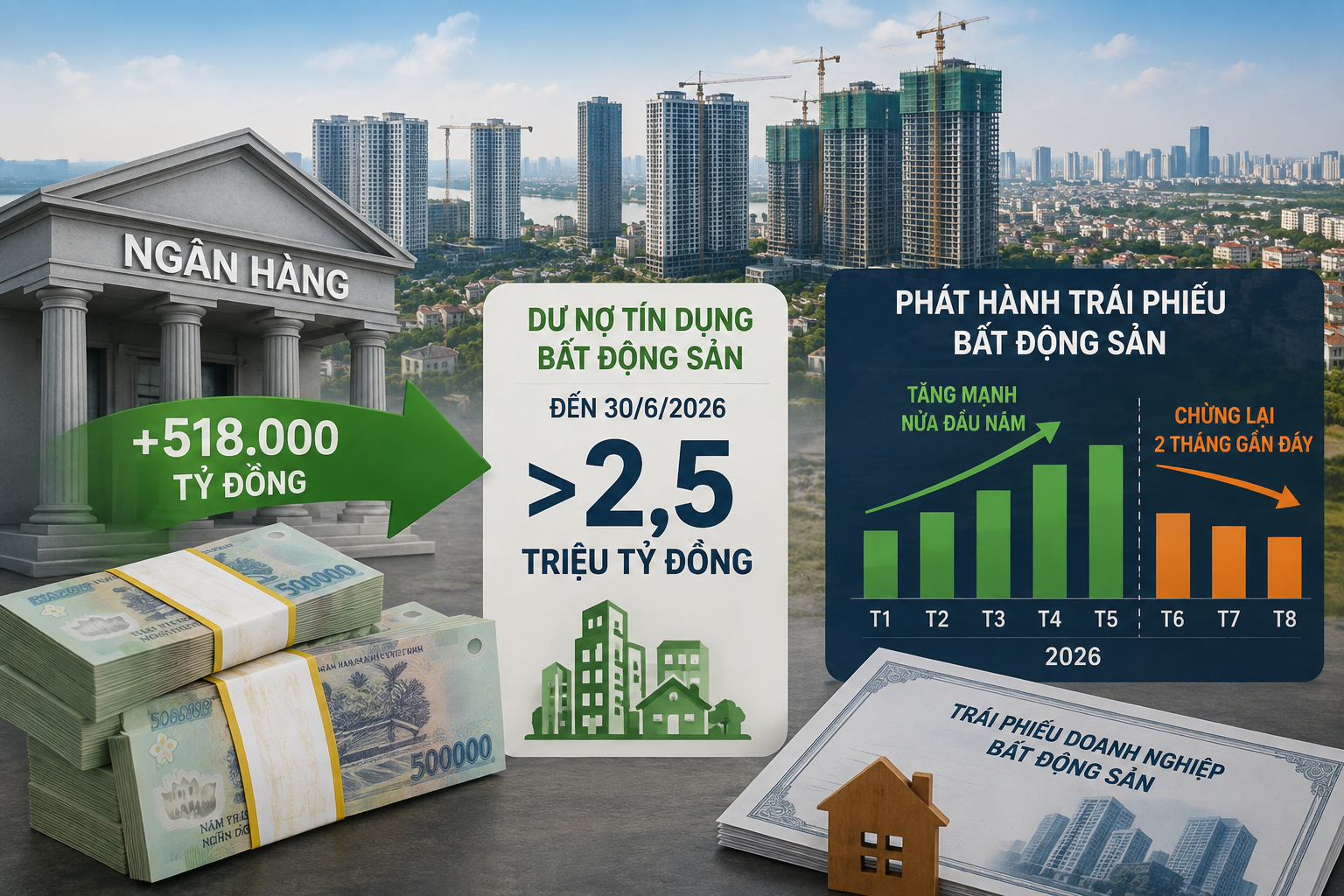 Bất động sản hút hơn 518.000 tỷ đồng tín dụng, trái phiếu bắt đầu chững lại