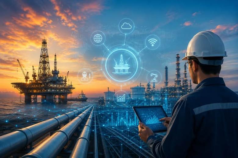 A construction worker is using a tablet to monitor a network of pipelines and digital interfaces under a dynamic, technological sunset backdrop.

AI-generated content may be incorrect.